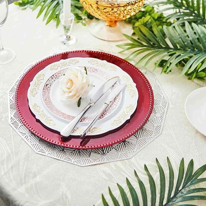13" Charger Plates -Set of 12 - Acrylic Burgundy Round Beaded Disposable Chargers, Ideal for Dinner Party Wedding Bulk Events Tabletop Decoration