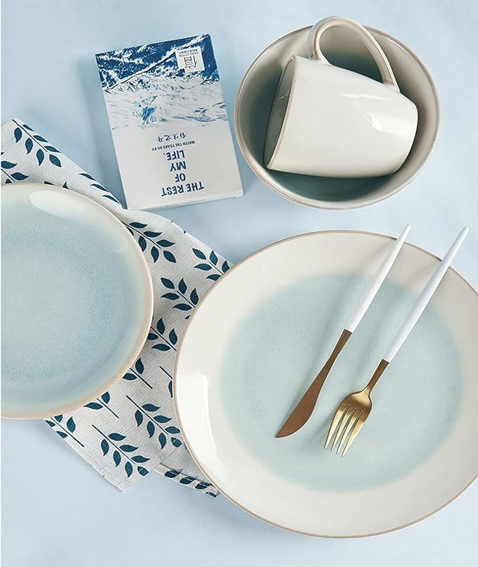 16-Piece Stoneware Dinnerware Set, Dish Set, Tableware Combination Set, Elegant White/Blue Serveware Set Service for 4, Including Dinner Plate, Desert Plate, Cereals Bowl, Mugs