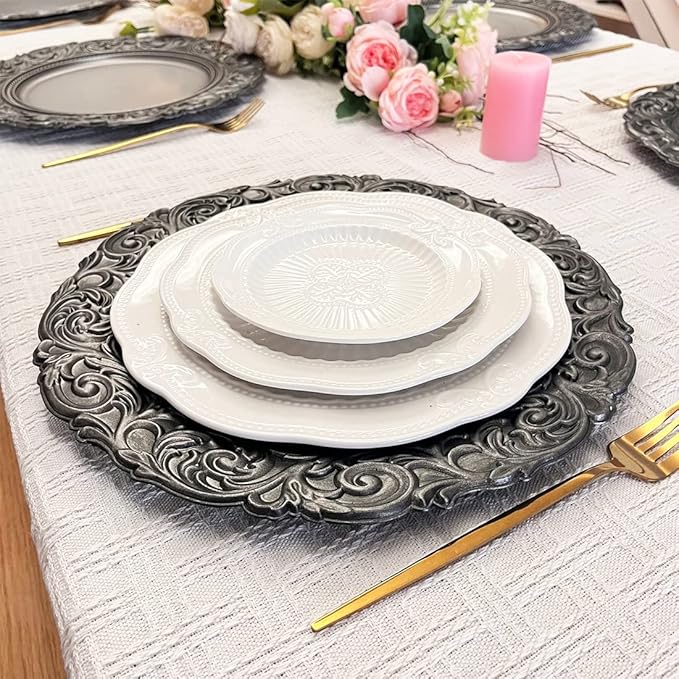 Antique Silver Charger Plates Embossed Rim, 13 Inch Dinner Plate Chargers Round Server Ware. Set of 6 Plastic Charger for Dinner, Wedding, Elegant Tableware Decor