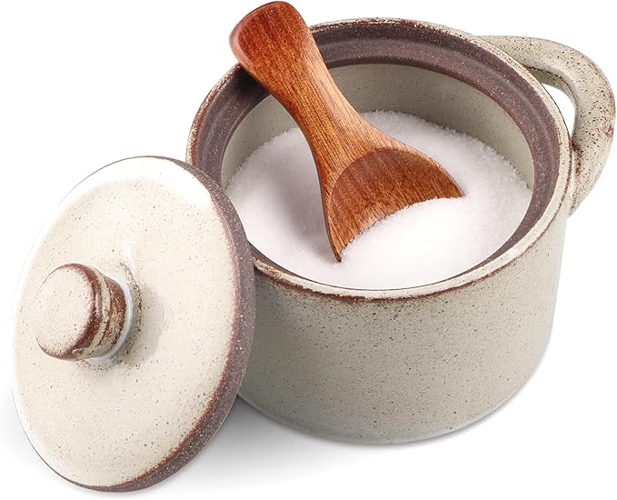 Speckled Ceramic Salt Cellar with Lid and Wooden Spoon, Rustic Spice Jar, Farmhouse Sugar Bowl for Sea Salt, Sugar, Spice and Kitchen Decor (Light Gray)
