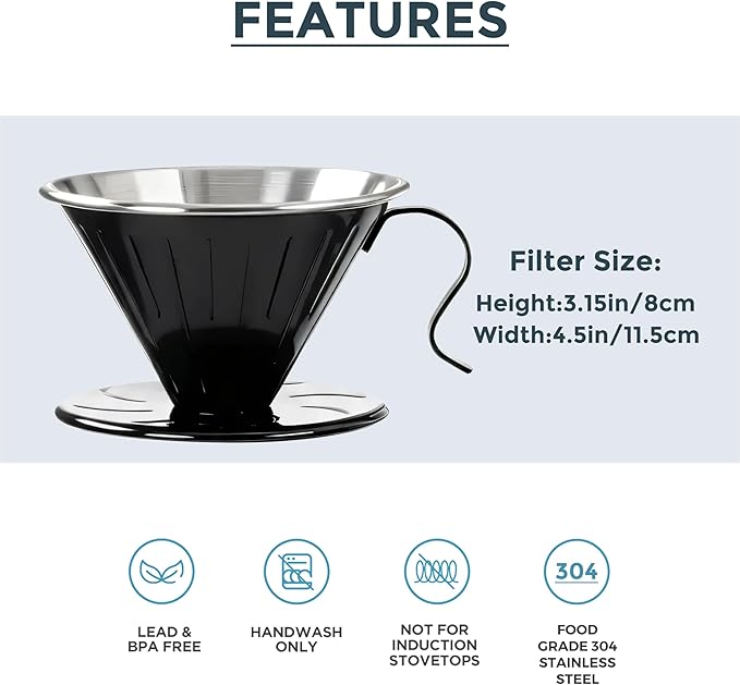 AGOGO Portable Pour Over Coffee Maker V60 Set - Easy Cleaning Compact 304 Stainless Steel Dripper for Camping & 50 Filters Paper & Cleaning Rag Black V60