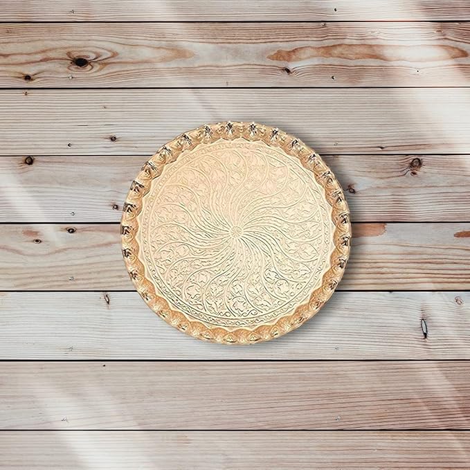 Alisveristime Turkish Ottoman Coffee Tea Serving Tray – 11.8 Inches, Wavy Zamac Tray with Traditional Motifs, Available in Five Color Variations (Gold)