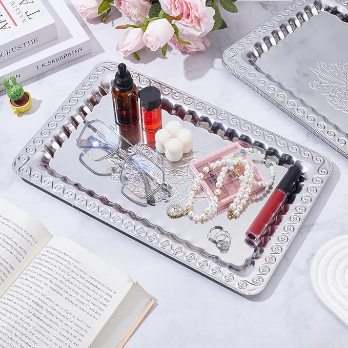 ORIGACH 6 Pack 9.84x8.54 Inch Sliver Serving Trays Set, Engraved Floral Swirl Mirror Tray, Stainless Steel Tableware Platters for Cookies, Snacks, Desserts, Wedding & Birthday Display