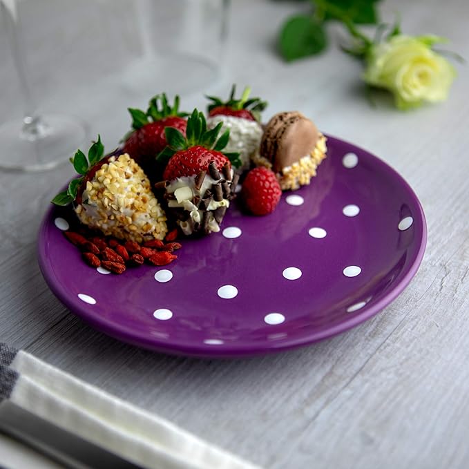 Handmade Purple and White Polka Dot Ceramic 12 piece Dinnerware Set | Pottery Tableware Service for 4 | Dinner Plates | Side Plates | Bowls | Housewarming Gift by City to Cottage®