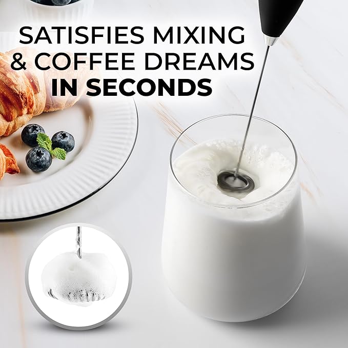 Zulay Kitchen Milk Frother Handheld Electric Whisk with AA Duracell Batteries – Durable Drink Mixer for Coffee, Lattes, Cappuccinos & More - Black