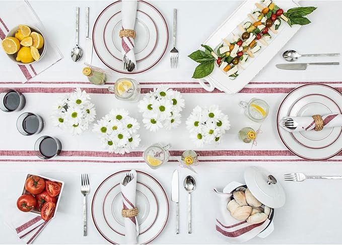 Solino Home Striped Linen Placemats Set of 4-100% Pure Linen Burgundy and White Place Mats 14 x 19 Inch for Christmas, Holiday, Winter, New Year - French Stripe