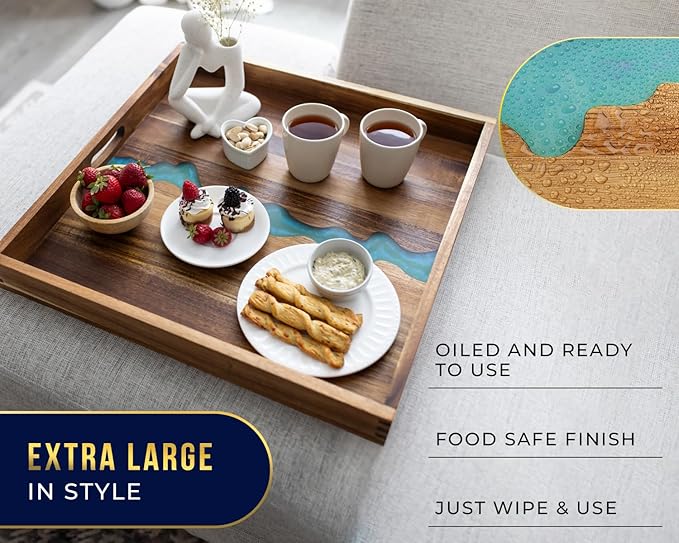 Extra Large (22") Square Premium Blue River Resin Acacia Wood Ottoman Tray with Handles - Serve Food in Style for Dinner, Breakfast, Snacks, BBQ, Entertaining Guests & More