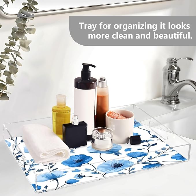 Serving Tray with Handles Clear Acrylic Tray 12x16 Inch Decorative Rectangular Tray Organizer for Ottoman Coffee Table Bathroom Blue Poppy Flowers and Branches