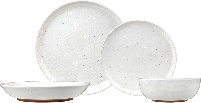 Sango 16-Piece Boho Farmhouse Stoneware Dinnerware Set for 4, Semi-Matte White Plates and Bowls Sets with Rustic Speckled Glaze, Ceramic Dish Set, Modern Dishes, Microwave & Dishwasher Safe, Kaya