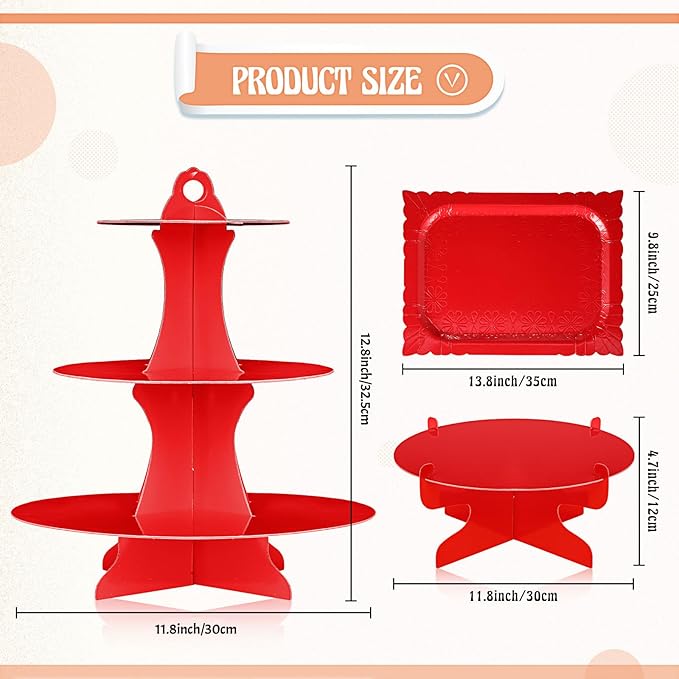 Zopeal 7 Pcs Dessert Table Display Set 3-Tier Cupcake Stand 1-Tier Cup Cake Display Tower Platters and Serving Trays Cardboard Cake Cookie Holders for Wedding Birthday Party Baby Shower(Red)