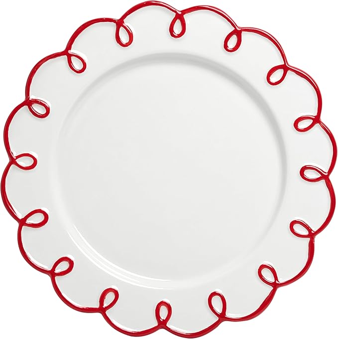 Sango 12-Piece Earthenware Dinnerware Set for 4, Glossy White Plates and Bowls Sets with Red Scalloped Rims, Premium Dish Set, Holiday Dishes for Gifting & Hosting Christmas Party, Splash of Cheers