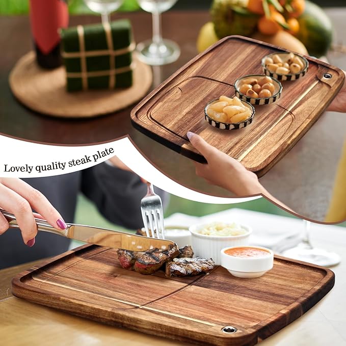 Uiifan 6 Pcs Steak Plates with Juice Channel Wooden Steak Board Set Acacia Cutting Serving Board for Christmas Home Serving Eating Meat Dishes Snack Dessert, 13 x 11 x 0.6 Inch