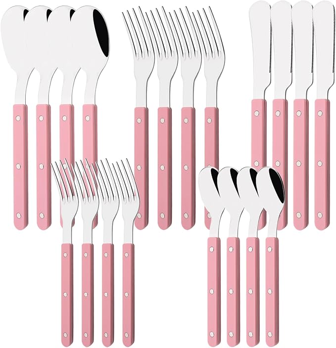 20 PCS Stainless Steel Flatware Set for 4, Silverware Set with Colored Handles, Retro Style Forks Spoons and Knives Set, Vintage Eating Utensils, Pink Acrylic Handle with Rivets Design