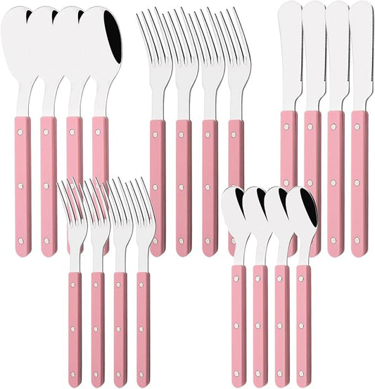 20 PCS Stainless Steel Flatware Set for 4, Silverware Set with Colored Handles, Retro Style Forks Spoons and Knives Set, Vintage Eating Utensils, Pink Acrylic Handle with Rivets Design