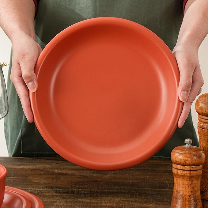 Plates and Bowls Sets, 12 Piece Ceramic Stoneware Dinnerware Set for Family and Gatherings, Dishes Set for 4, Dishwasher & Microwave Safe, Handcrafted Dishware Sets, Terracotta Red