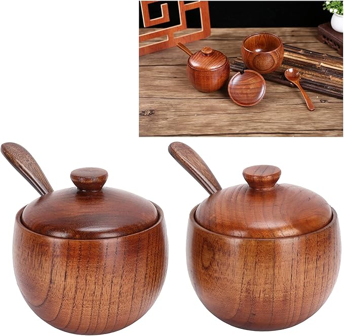 2 Set Condiment Jar, Retro Wooden Condiment Jar Spice Container with Lid and Spoon for Home Restaurant Kitchen, Sugar Bowl with Lid and Spoon, Canisters Pots Seasoning Box Salt Container