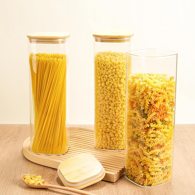 82 Oz Glass Storage Containers with Bamboo Lids, Square Glass Canister Sets Clear Glass Pantry Storage Containers with Lids for Cookie Flour Oat Pasta Tea Coffee Bean, Set of 3