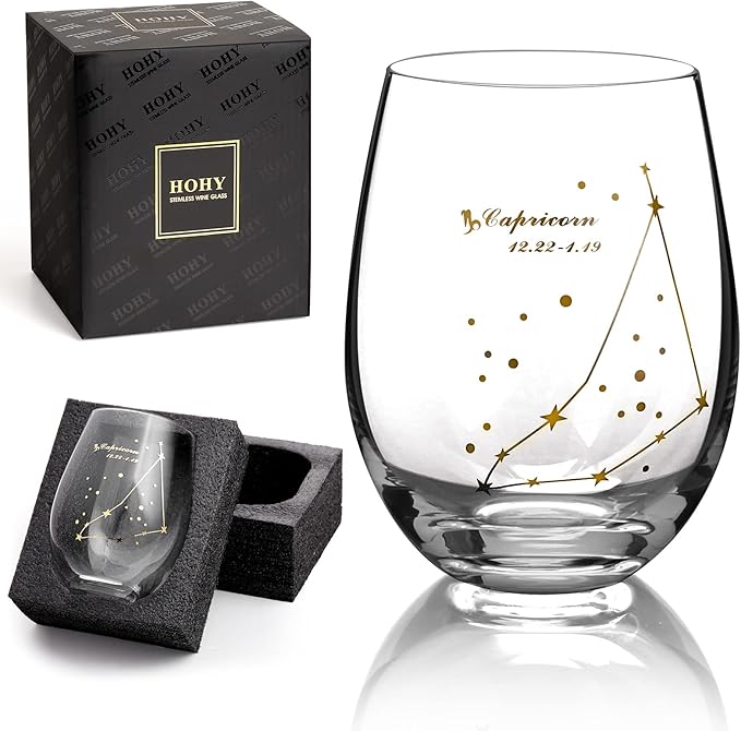 HOHY Capricorn Zodiac Wine Glass 20 Oz, Capricorn Zodiac Birthday Horoscope Gifts for Women, Birthday Wine Glass Astrology Constellation Christmas Gifts for Women, Constellation Wine Glasses Golden