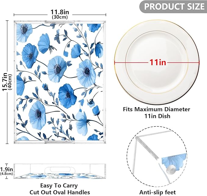 Serving Tray with Handles Clear Acrylic Tray 12x16 Inch Decorative Rectangular Tray Organizer for Ottoman Coffee Table Bathroom Blue Poppy Flowers and Branches