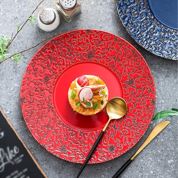 SONGCHAO Party Supplies Red Plate Ceramic Dish Plate Home Chinese Creative Tableware Steak Western Plate Party Plates (Color : B)