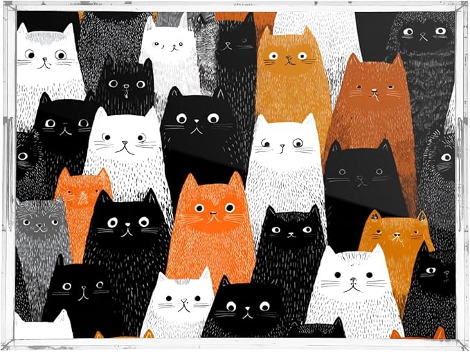 Serving Tray with Handles Clear Acrylic Tray 12x16 Inch Decorative Rectangular Tray Organizer for Ottoman Coffee Table Bathroom Black and White Orange Cat