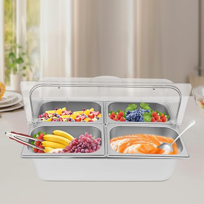 4 Pans Countertop Food Serving Display Container, Stainless Steel Flip-Top Fruit Tray with Clear Roll Top Cover, Buffet Chilled Condiment Container for Restaurant Hotel Kitchen
