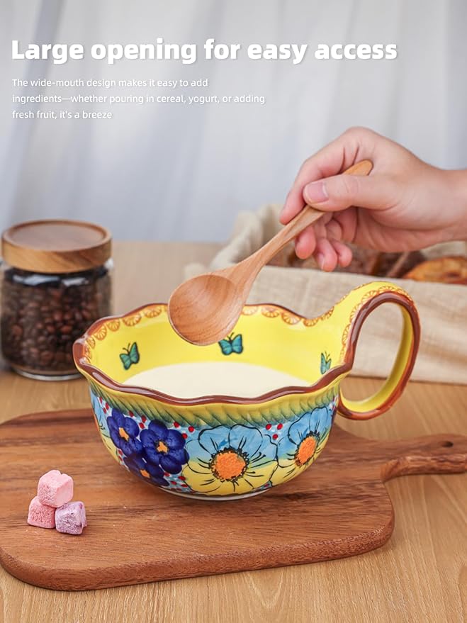 silesia Handmade Ceramic Soup Bowl, 30 oz Hand Painted Bowl with Loop Handle, Floral Design Cereal Bowl for Soup, Ice cream, Snack, Microwave & Dishwasher Safe (Glazed Yellow)