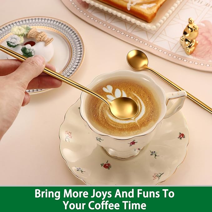 Satin Gold 6.7 Inches Coffee Spoon,4 Pieces Stainless Steel 18/10 Tea Spoons Set,Solid Round Handle Coffee Stirring Spoon,Durable Dishwasher Safe Long Handle Ice Cream Spoons,Teaspoon