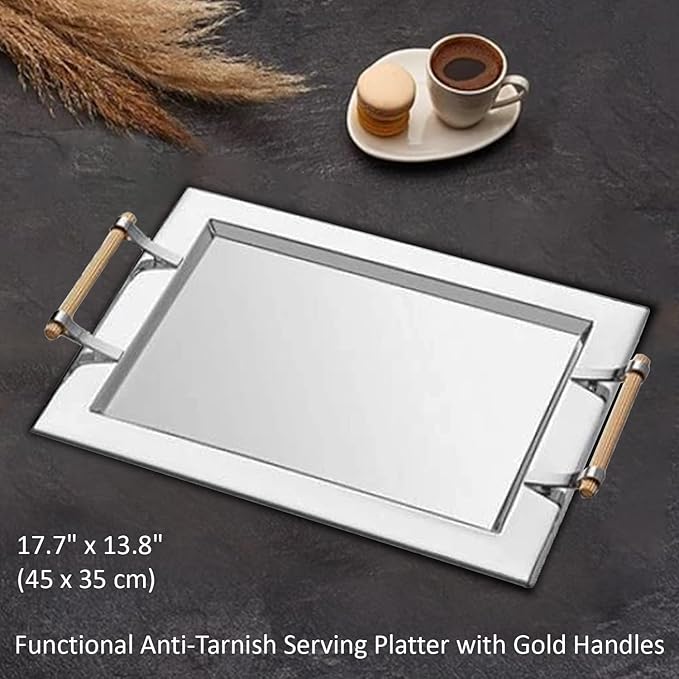 Krom Tray with Gold Colored Handles | Stylish Serving Tray | Elegant Rectangular Serving Tray | Functional Anti-Tarnish Serving Platter with Gold Handles | Decorative Tableware, Silver, 17.7 x 13.8 in