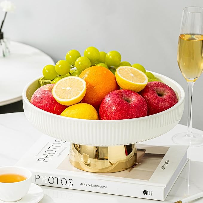Ceramic Fruit Bowl,11-Inch Large Decorative Bowls,White Pedestal Tray and Gold Base, Fruit Bowl for Kitchen Counter, Bread and Fruit Trays,Salad or Dessert Display Trays for Parties. (XL)