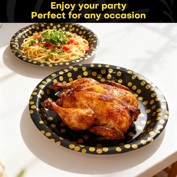 Paper Plates for Party 50 Sets, 9'' & 7'' Paper Plates, Golden Dot Plates Party Supplies for Baby Shower Birthday Wedding