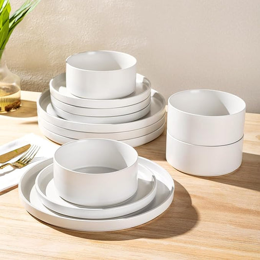GBHOME Ceramic Dinnerware Sets for 4,Stoneware Plates and Bowls Sets,Chip and Crack Resistant | Dishwasher & Microwave Safe Dishes Set,Scratch Resistant- Service for 4 (12pc)- Snow White
