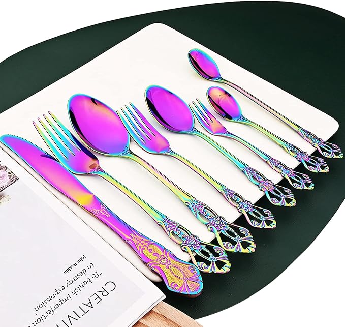 Elegant 32-Piece (4 Set) Retro Flatware Set, Stainless Steel Cutlery Set - Complete Eating Tableware Serving Set, Dishwasher Safe, Shiny Mirror Polish (Rainbow)