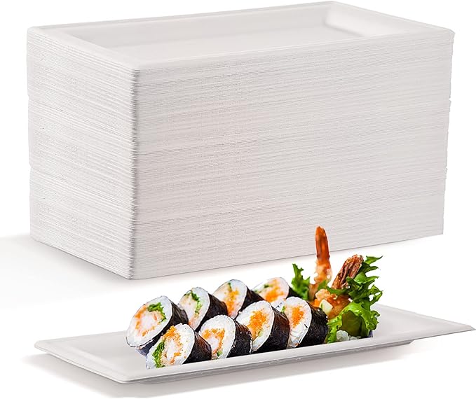 Hotop Disposable Rectangle Plates White Rectangle Serving Platter Heavy Duty Sugarcane Bagasse Plate for Outdoor Indoor Parties Serve Meals Snacks Deserts Fruits (200 Pieces)