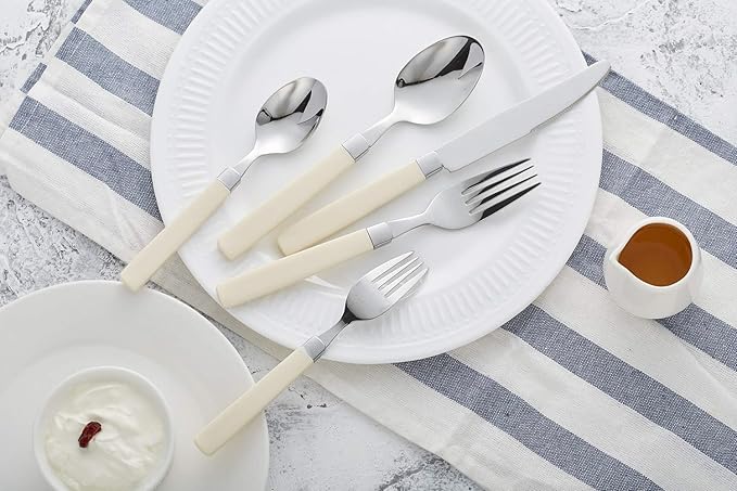 ANNOVA Silverware Set Stainless Steel Colorful Tableware Kitchen Flatware Set Utensils, Includes Dinner Knives, Forks, Spoons, Salad Forks & Dessert Spoons (Cream, 20 Pieces)