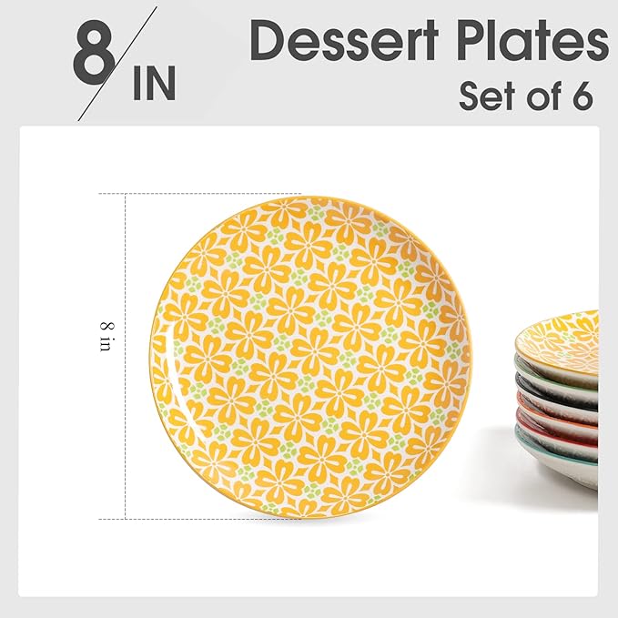 Salad Plates, Dessert Plates 8 Inch, Colorful Ceramic Plate Set for Pasta, Pancakes, Steak, Set of 6, Dishwasher & Microwave Safe