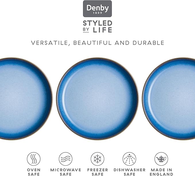 Denby - Blue Haze Coupe Small Plate Set of 4 - Everyday Use & Serving Plates - Dishwasher, Microwave Safe - Light & Dark Tones Blue Glaze - Ceramic Stoneware