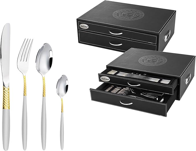 Lorren Home Trends 86 Piece 18/10 Stainless Steel and Gold Flatware Set, Service for 12, Chest included