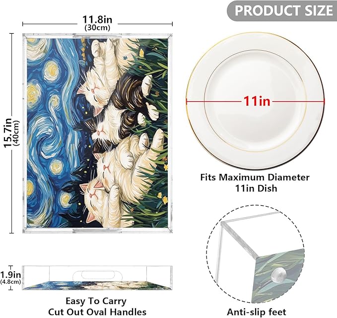 Serving Tray with Handles Clear Acrylic Tray 12x16 Inch Decorative Rectangular Tray Organizer for Ottoman Coffee Table Bathroom Starry Night Floral Ragdoll Cats Cartoon