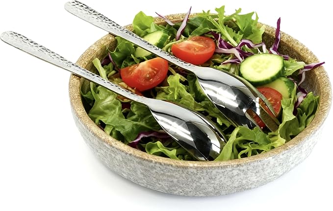 11.5-Inch Large Ceramic Salad Bowl Set – Speckled Stoneware with Stainless Steel Servers, Handcrafted Texture, Dishwasher Safe (Speckled Beige)