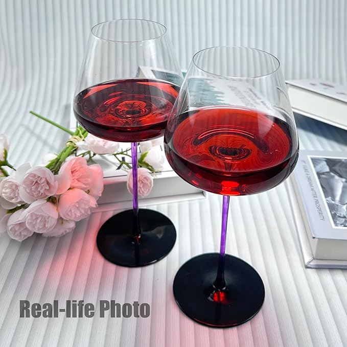 Crystal Wine Glasses Set of 2 with Gift Box. Dishwasher Safe. 24oz Large Purple Wine Glasses with Long Stem for Women.Hand-Blown ,Thin Rim. Gift for Wife,Girlfriend,Mom.Unique & Modern Design