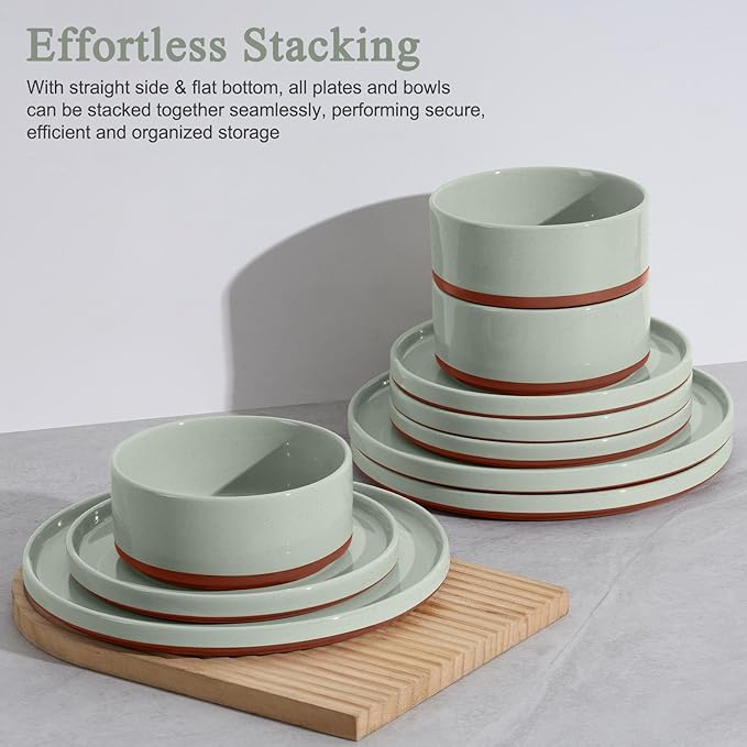 LIANYU 18 Pieces Porcelain Dinnerware Sets, Premium Plates and Bowls Set, High-Fired Ceramic Dishes Set for 6, Chip & Scratch Resistant, Microwave Dishwasher Safe, Laurel Green