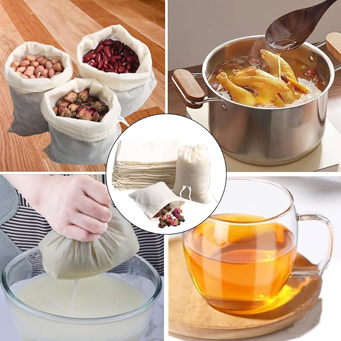 Eketirry Spice Bags, 10pcs Reusable Empty Tea Bags, Muslin Strainer Bags, Soup Bags for Cooking, Natural Cotton Fine Mesh Cheesecloth Bags for Cold Brew Coffee(5 x6.3Inch)