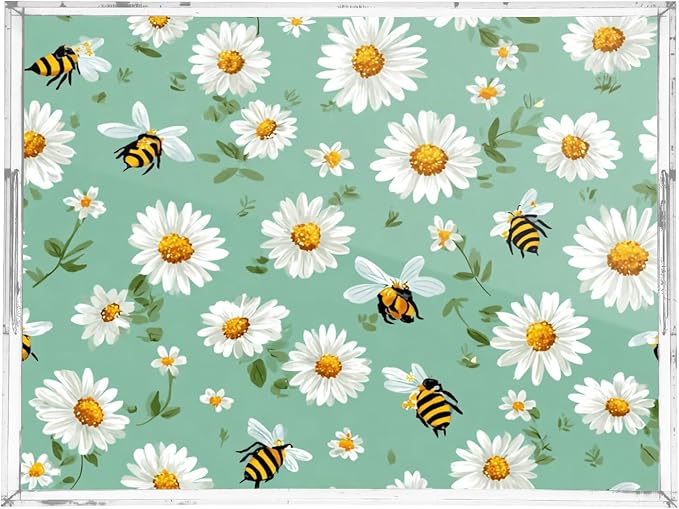 Serving Tray with Handles Clear Acrylic Tray 12x16 Inch Decorative Rectangular Tray Organizer for Ottoman Coffee Table Bathroom Mint Green Daisy Flowers and Bees