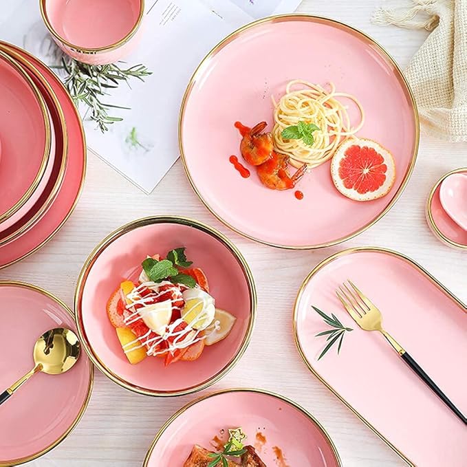 Nordic Style Tableware Set, Ceramic Plate And Bowl Set, Family Restaurant Tableware, 2/4/6 Person Tableware Set, Handmade Ceramic Utensils (Pink 9 pcs)