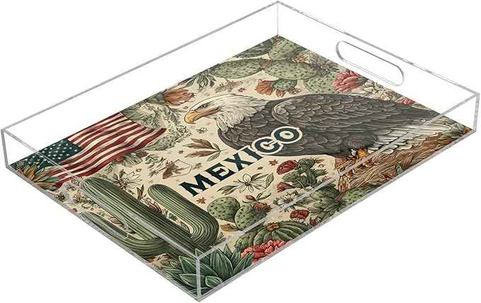 Serving Tray with Handles Clear Acrylic Tray 12x16 Inch Decorative Rectangular Tray Organizer for Ottoman Coffee Table Bathroom Retro Mexico American Eagle Cactus Beige