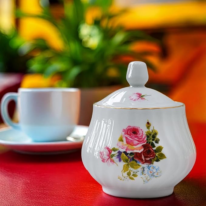 Sugar and Creamer Set - Porcelain Sugar and Creamer Vintage Tea Set with Gold Trims & Embossed Swirls - Exquisite Fine China Tea Set for Parties & Celebrations - Philomena set by Lynns