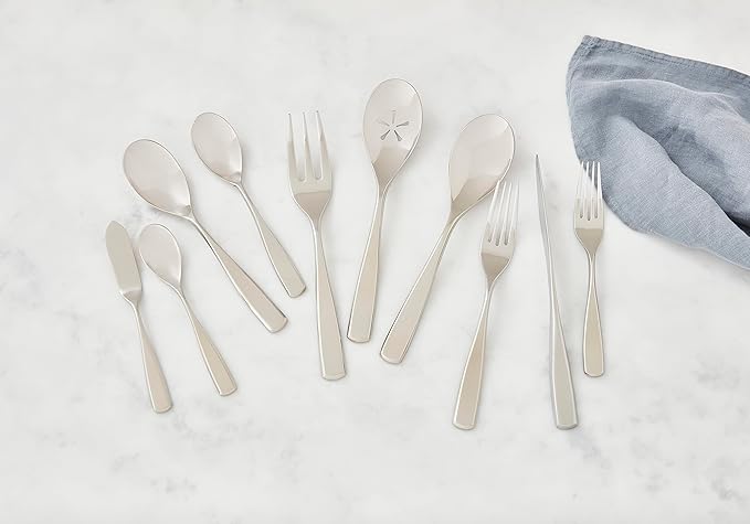 nambe Anna Flatware, 45-Pc Set, 18/10 Mirror Stainless Steel Silverware Cutlery Set, Designed for Home Kitchens, Hotel, or Restaurants, Service for 8 and a 3pc Hostess Utensil Set, Dishwasher Safe