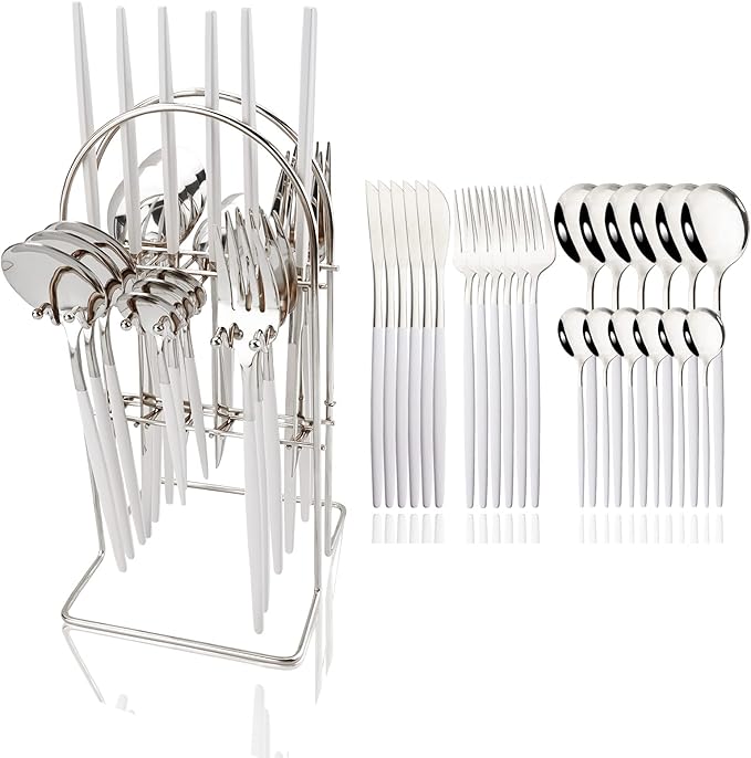 JASHII 24-piece Forks and Spoons Silverware Set with Stand, Metal Tableware Cutlery Set White and Silver Plated Stainless Steel Flatware Set,Service for 6,Mirror Polished