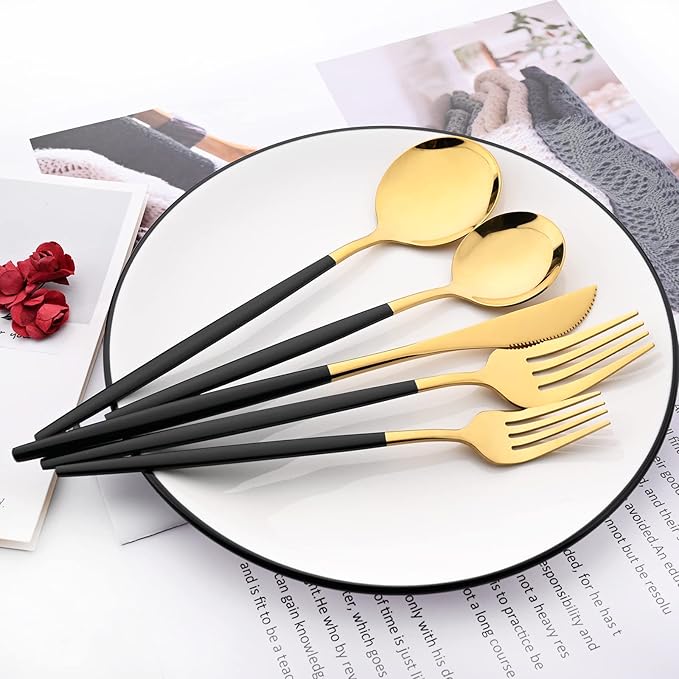 30-Piece Snplowum Mirror Flatware Serving Set, 18/0 Stainless Steel Dinnerware With Black Handle, Modern Durable Home Kitchen Eating Tableware Set Service For 6 (Black Gold)